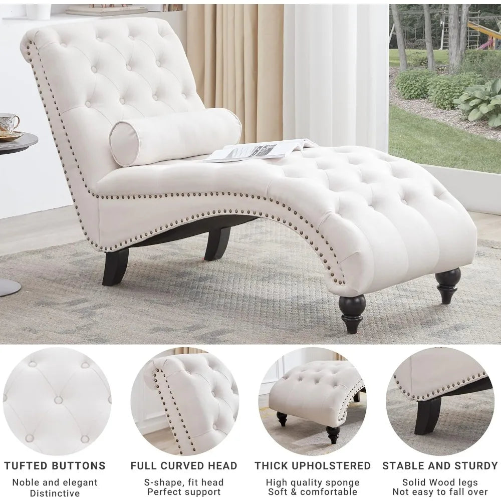 Button-Tufted Chaise Lounge with Solid Wood Legs