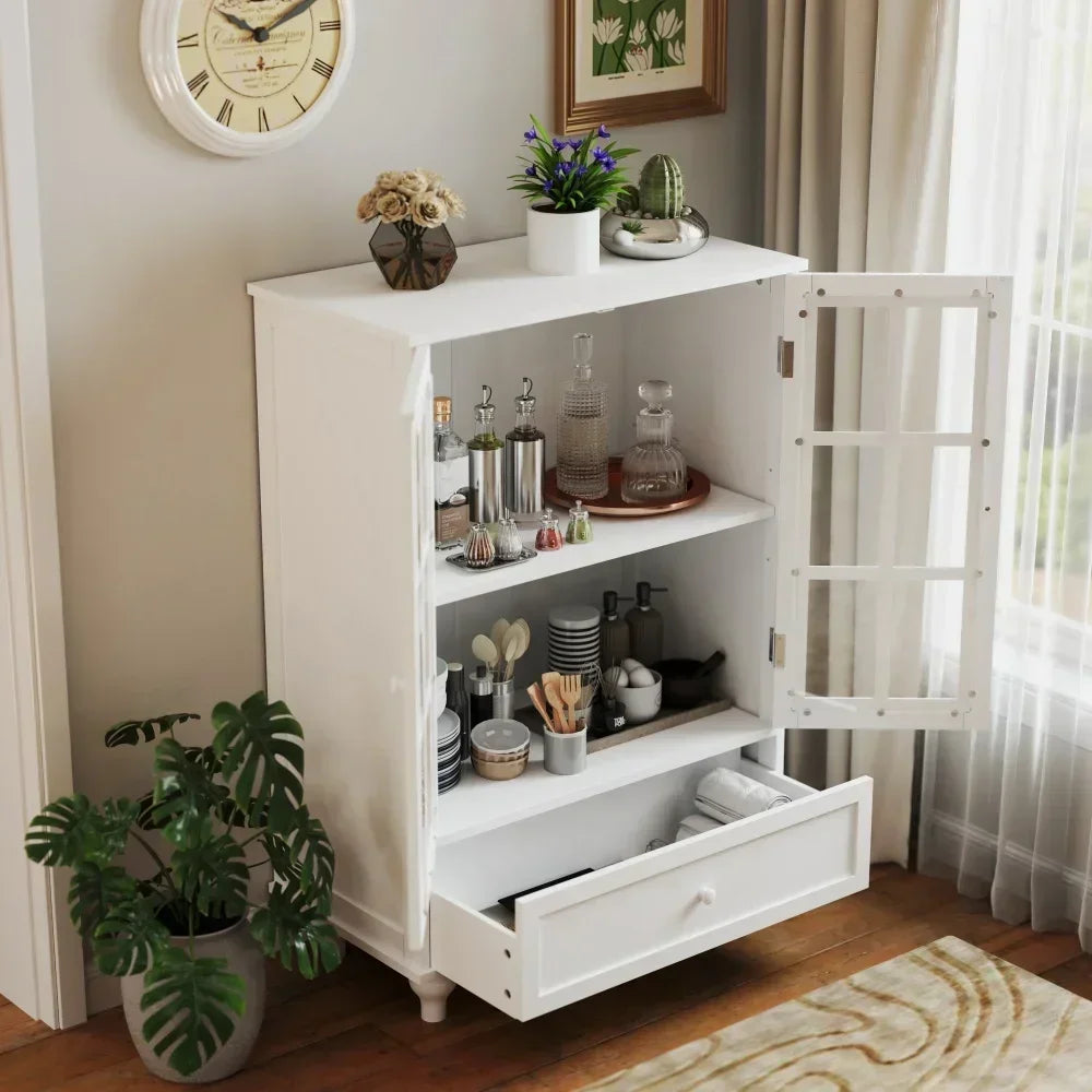 White Buffet Cabinet with Double Glass Doors and Drawer