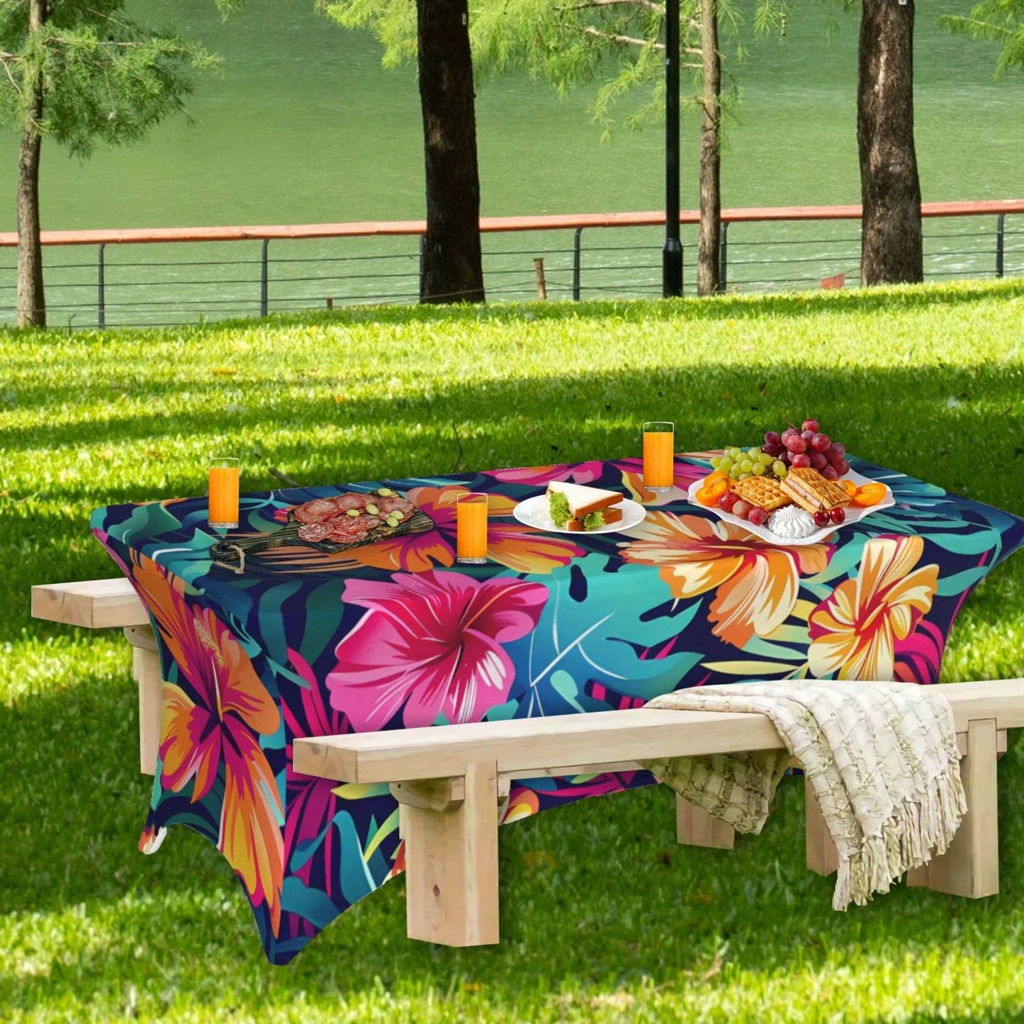 2PCS Vibrant Tropical Print Stretchable Tablecloth