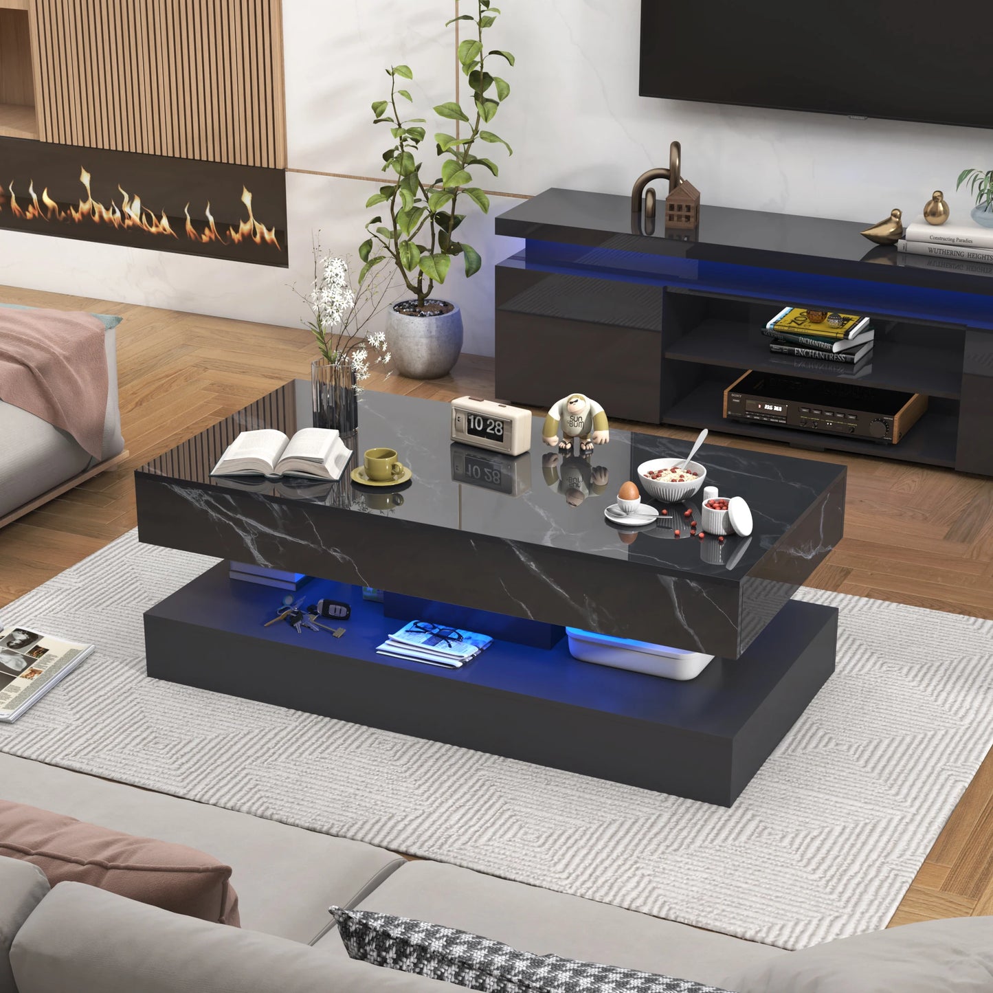 Coffee Table with LED lights and 2 Storage Drawers
