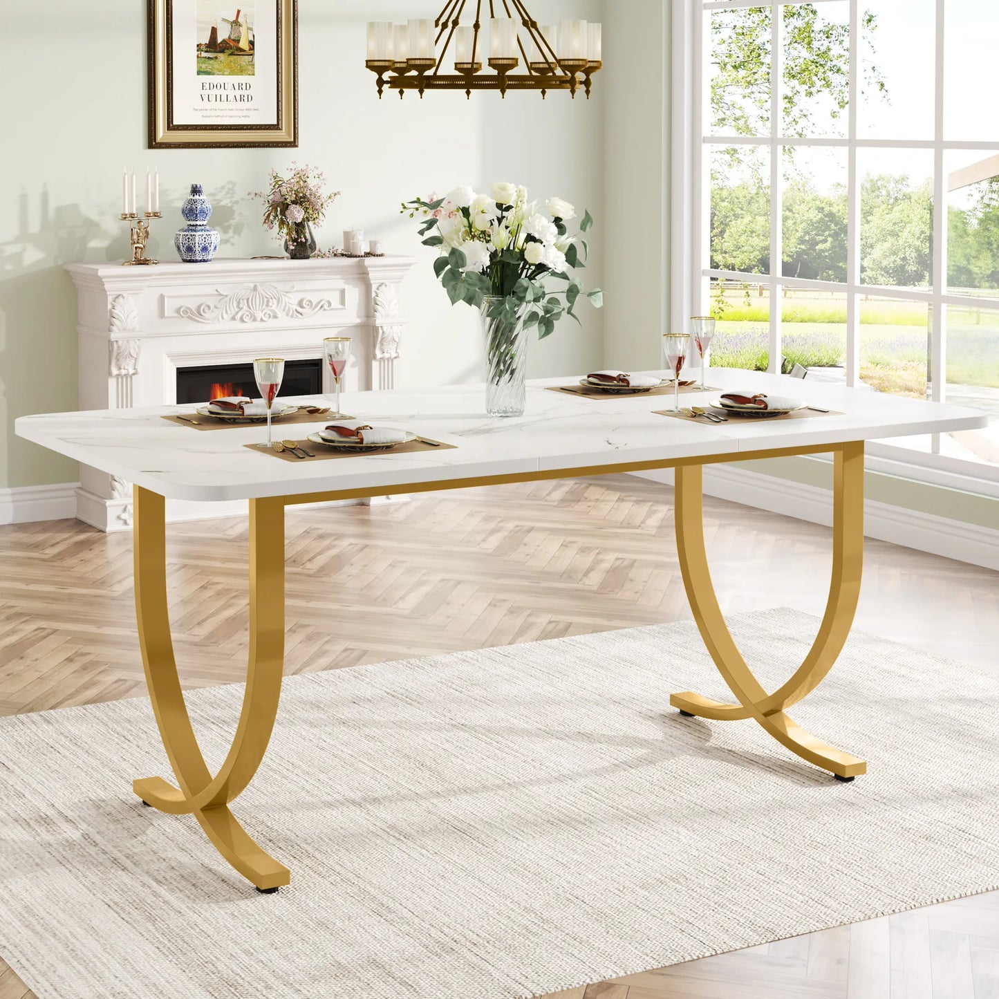 63-Inch Rectangular Dining Table with Faux Marble Table Top