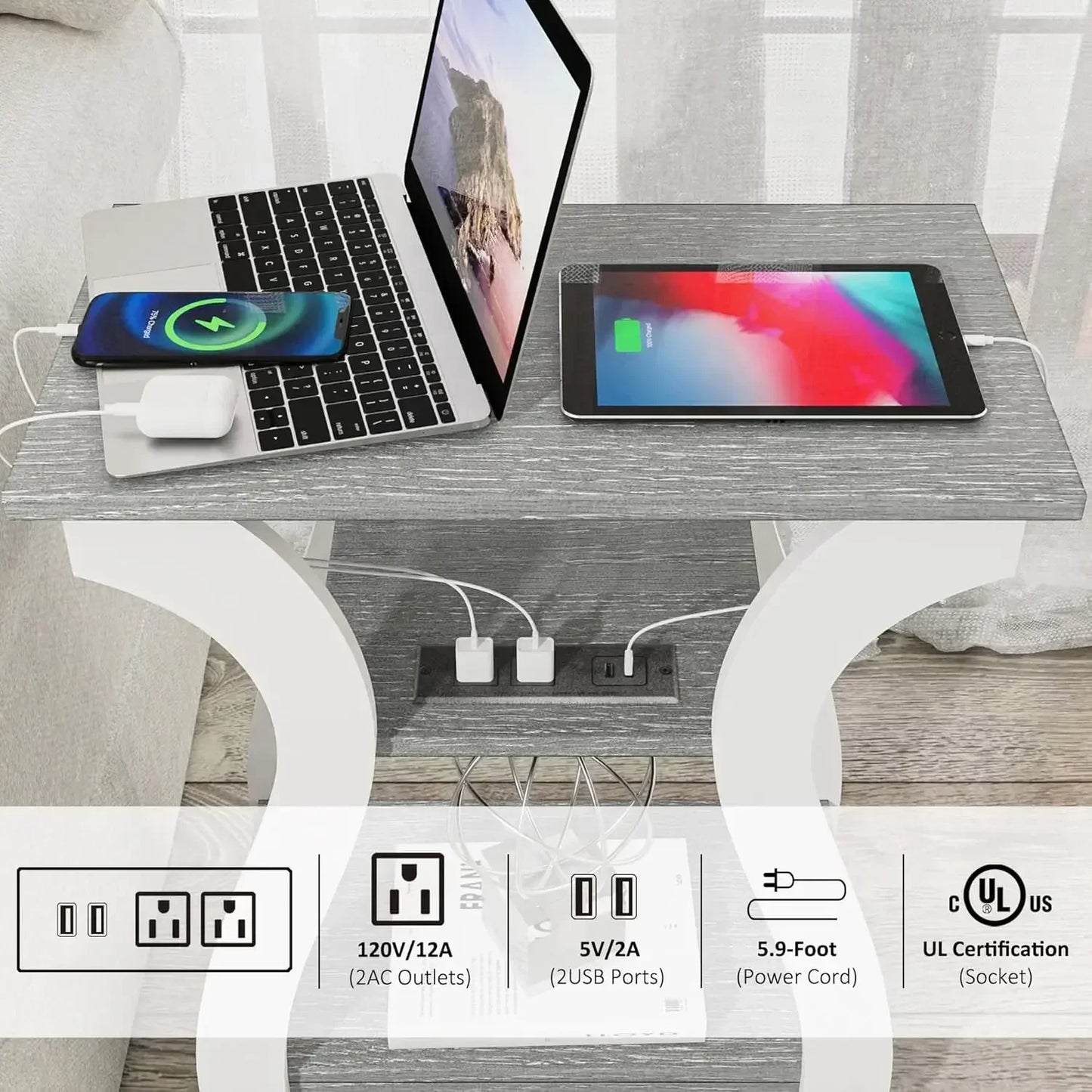 Side Table Set of 2 with Charging Station