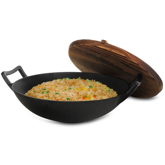 14 Inch Cast Iron Wok Set with Wood Lid