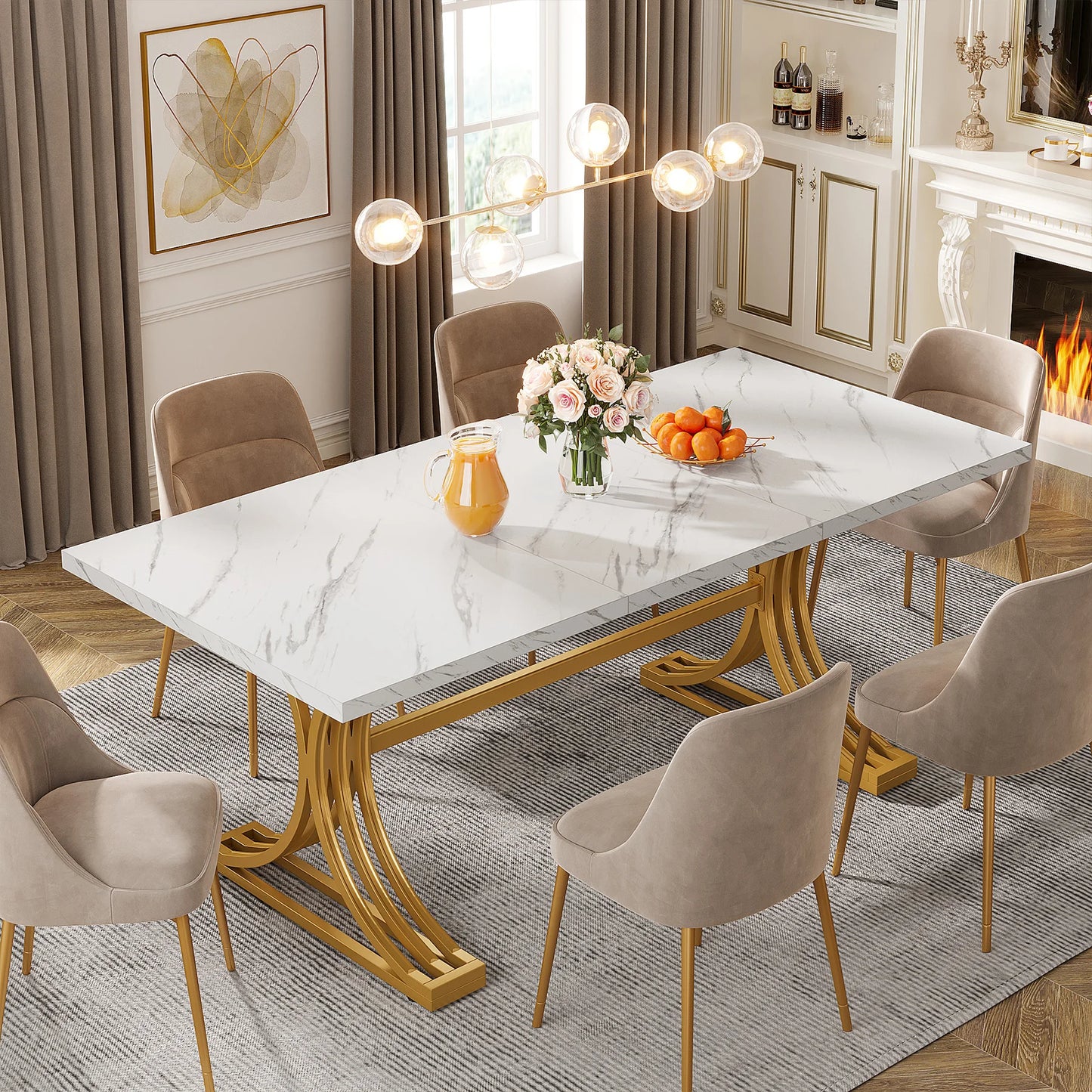 63-Inch Rectangular Dining Table with Faux Marble Table Top