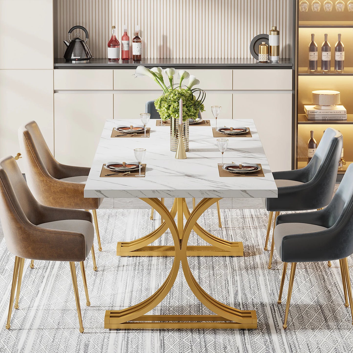 63-Inch Rectangular Dining Table with Faux Marble Table Top