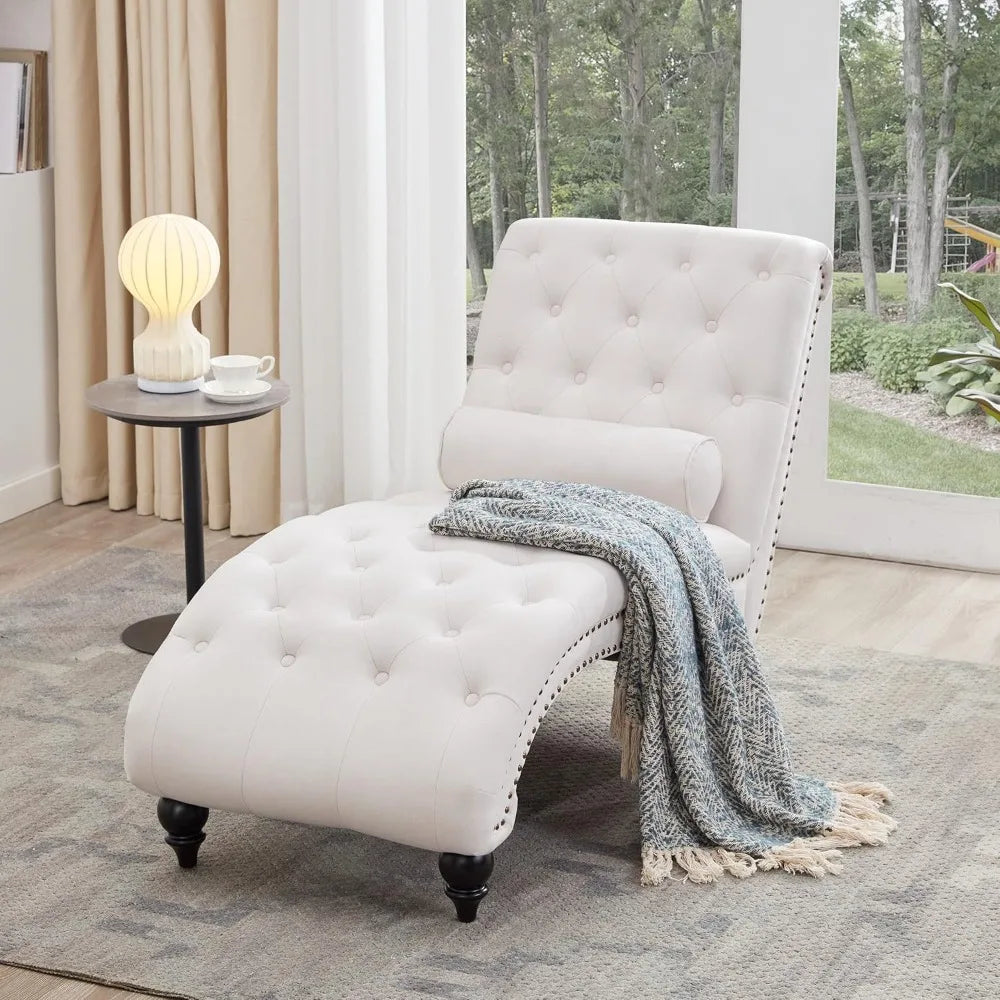 Button-Tufted Chaise Lounge with Solid Wood Legs