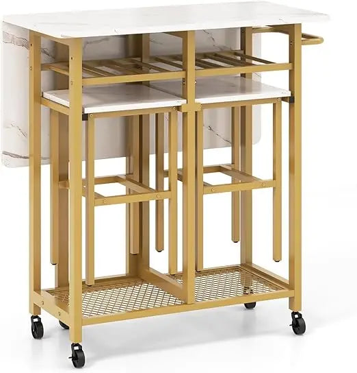 Dining Table & 2 Stools Set w/ 6-Bottle Wine Rack