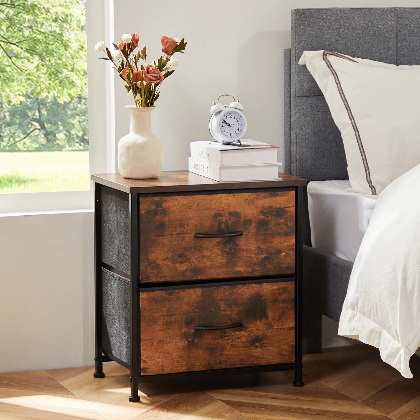 Nightstand Storage Chest w/2 Fabric Drawers
