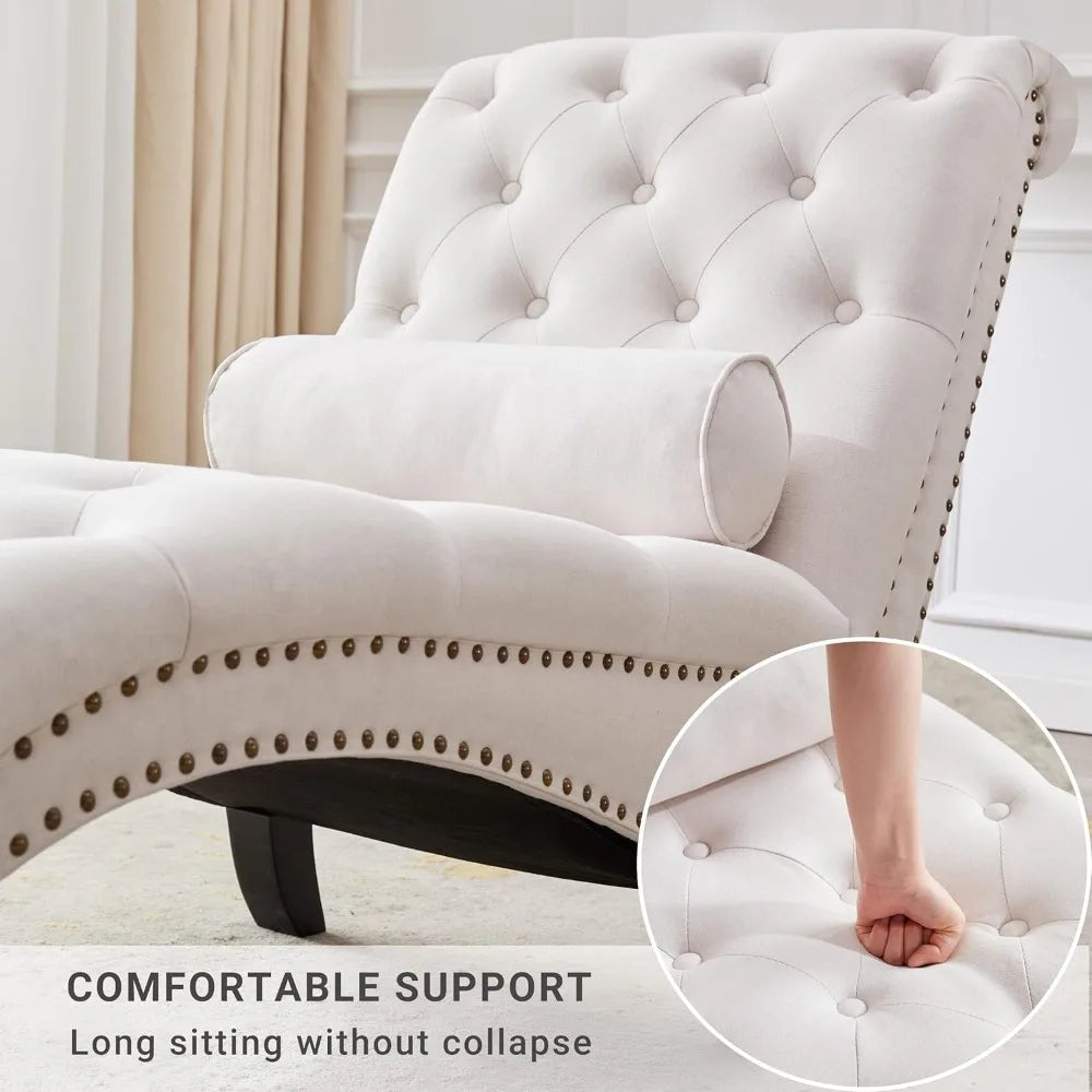 Button-Tufted Chaise Lounge with Solid Wood Legs