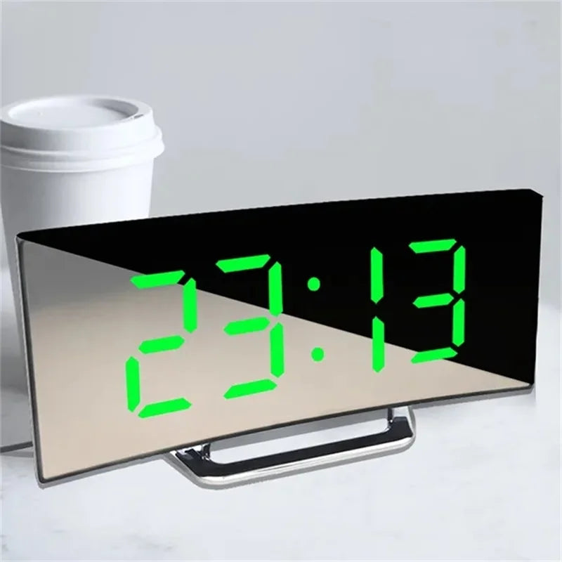 Curved Screen Mirror LED Digital Alarm Clock