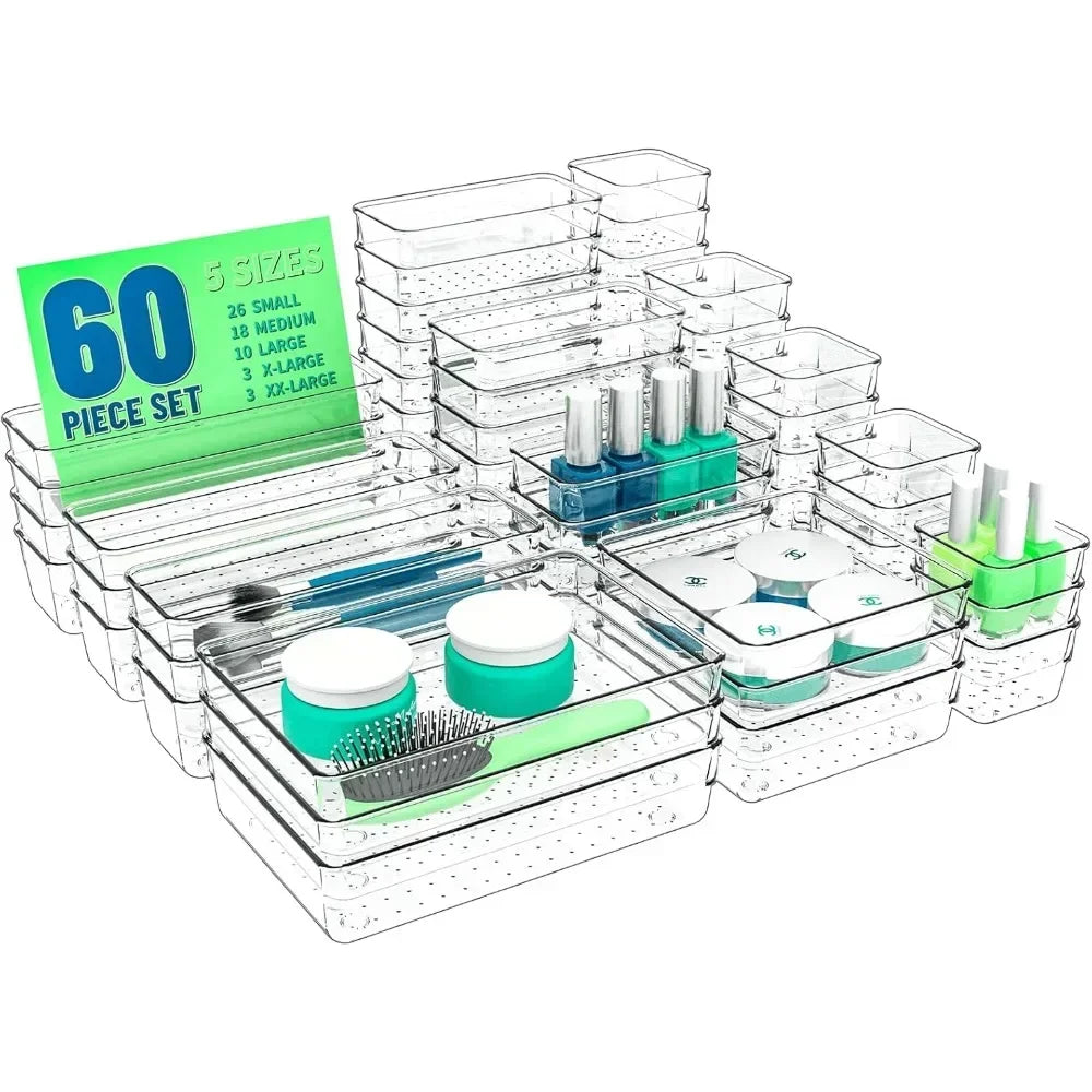 Clear plastic, 5 size drawer organizer trays