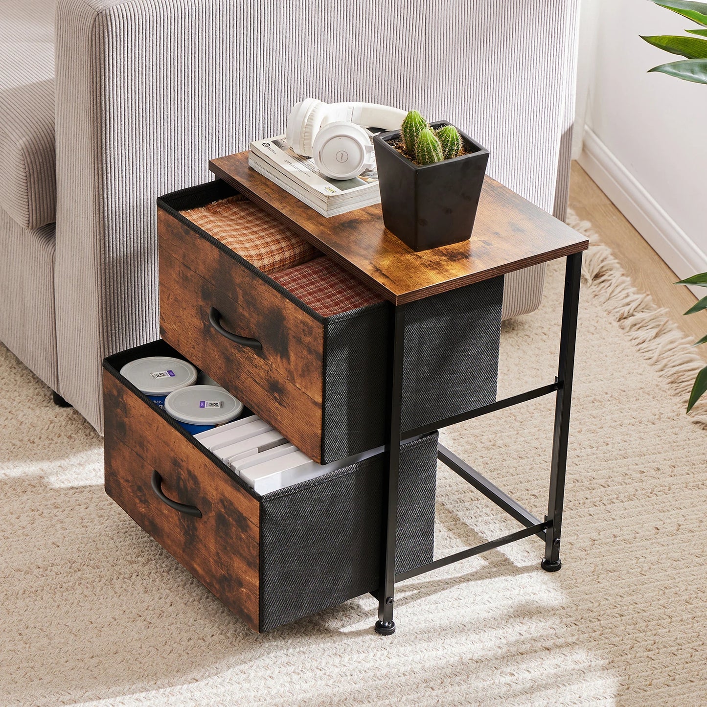 Nightstand Storage Chest w/2 Fabric Drawers