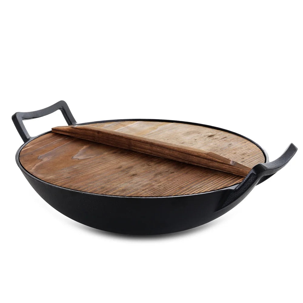 14 Inch Cast Iron Wok Set with Wood Lid