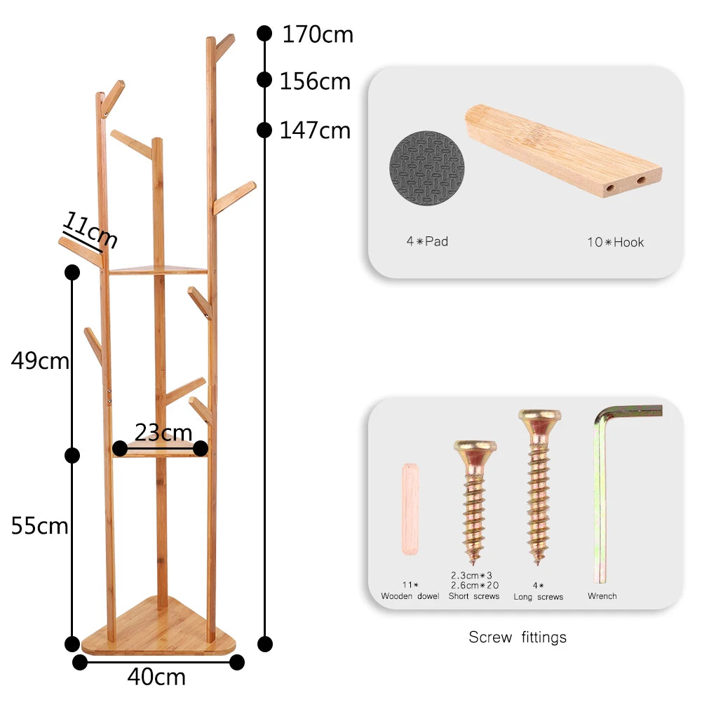 Bamboo Coat Rack 9 Hooks