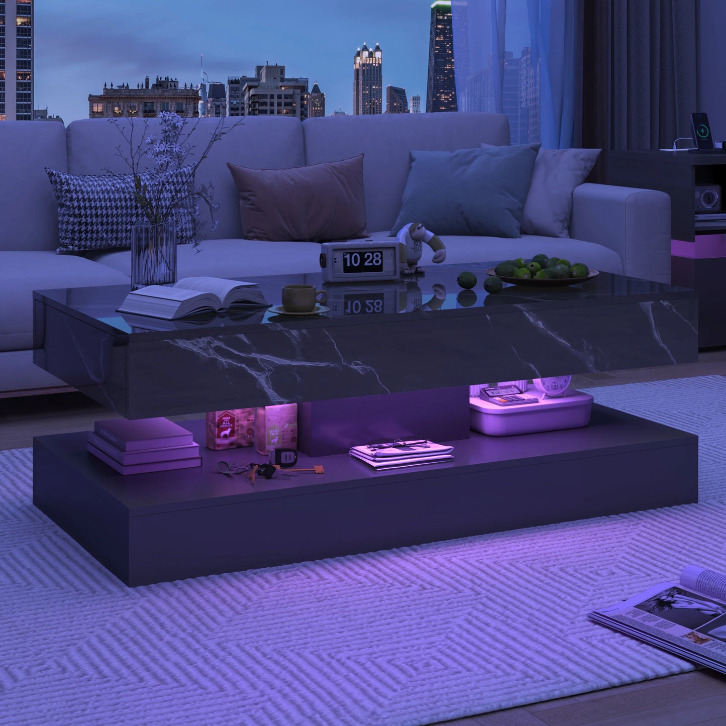 Coffee Table with LED lights and 2 Storage Drawers