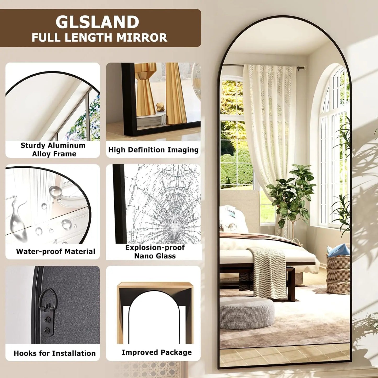 21x64 inch Arched Full Length Mirror-Aluminum Alloy Frame