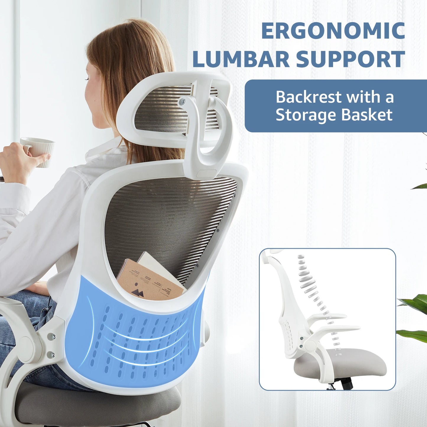 Desk Chair Flip-up Arms Adjustable Headrests Comfortable Lumbar Support