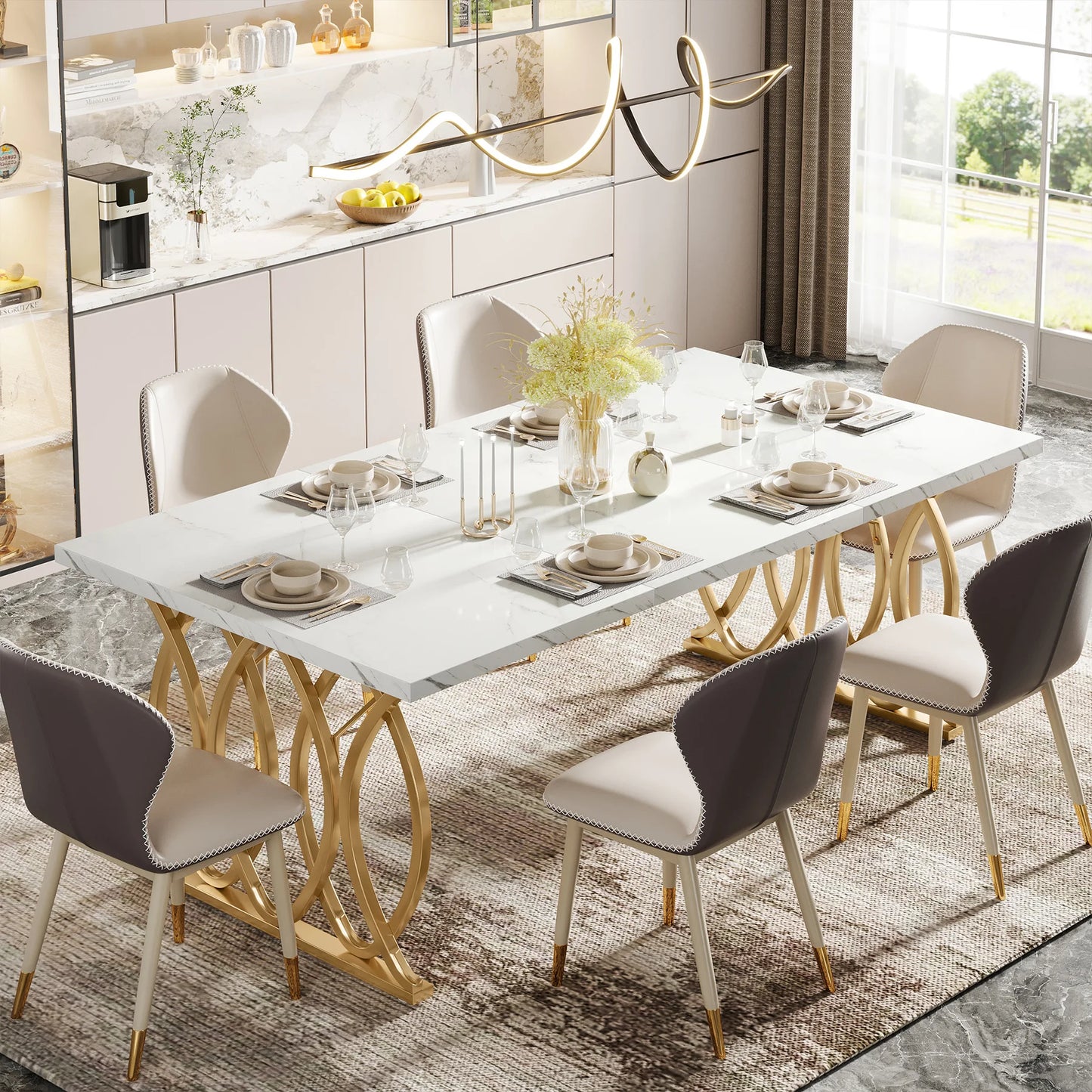 63-Inch Rectangular Dining Table with Faux Marble Table Top