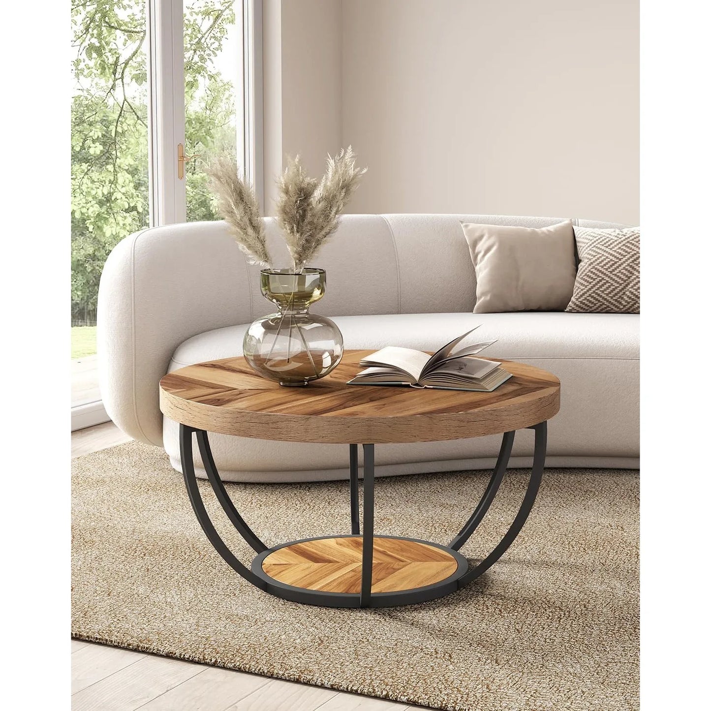 32" Circle Marble Coffee Table 2-Tier Metal Legs