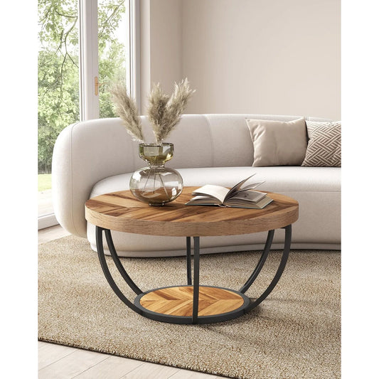 32" Circle Marble Coffee Table 2-Tier Metal Legs