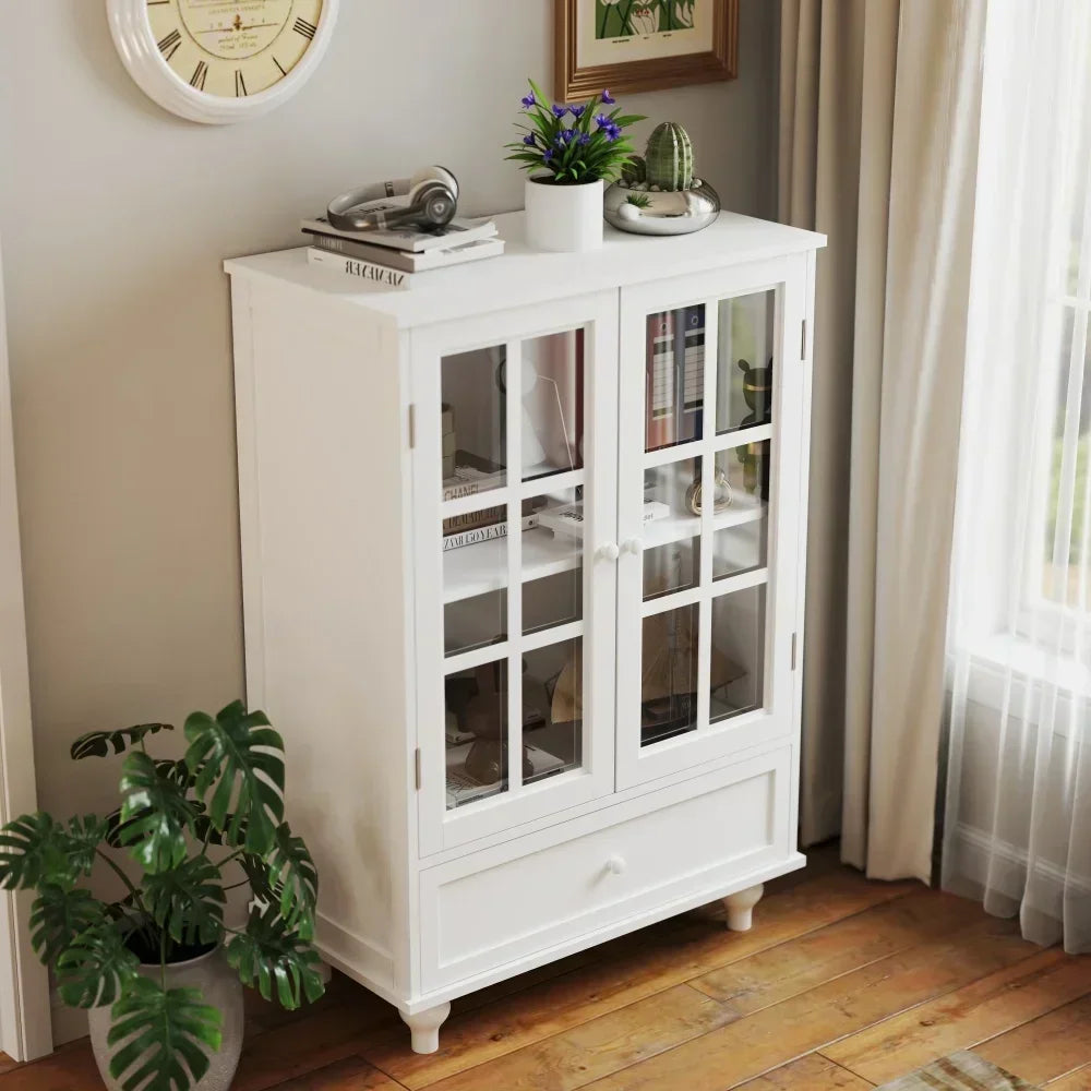 White Buffet Cabinet with Double Glass Doors and Drawer