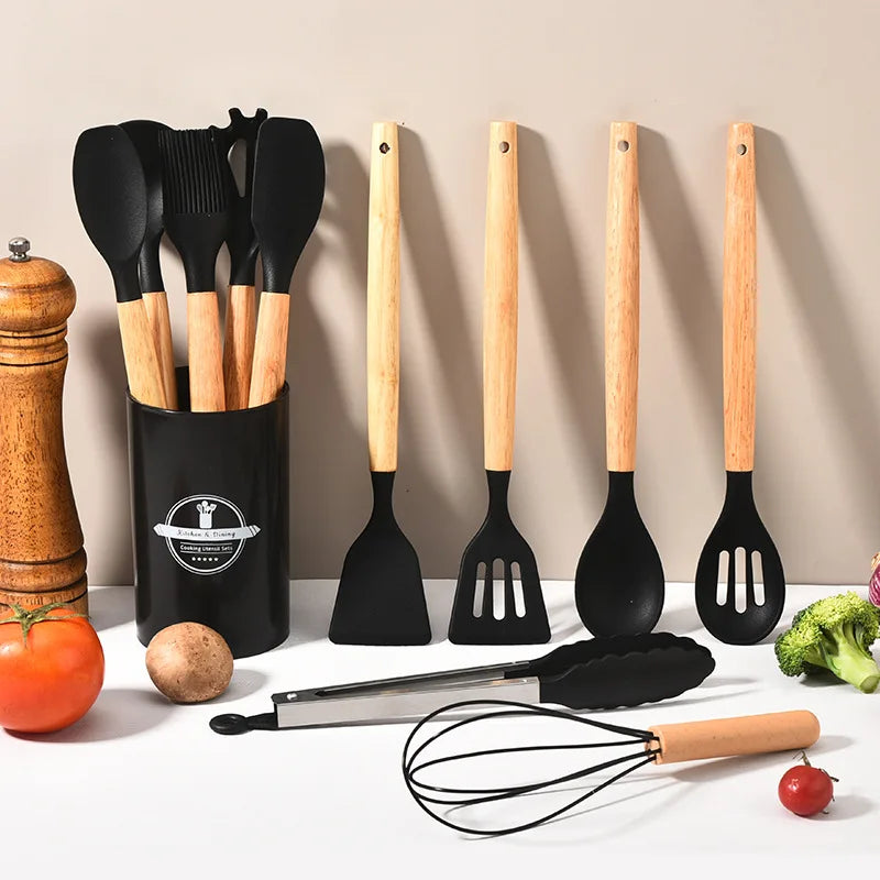 Kitchenware High Temperature Resistant Silicone with Wooden Handle12Set