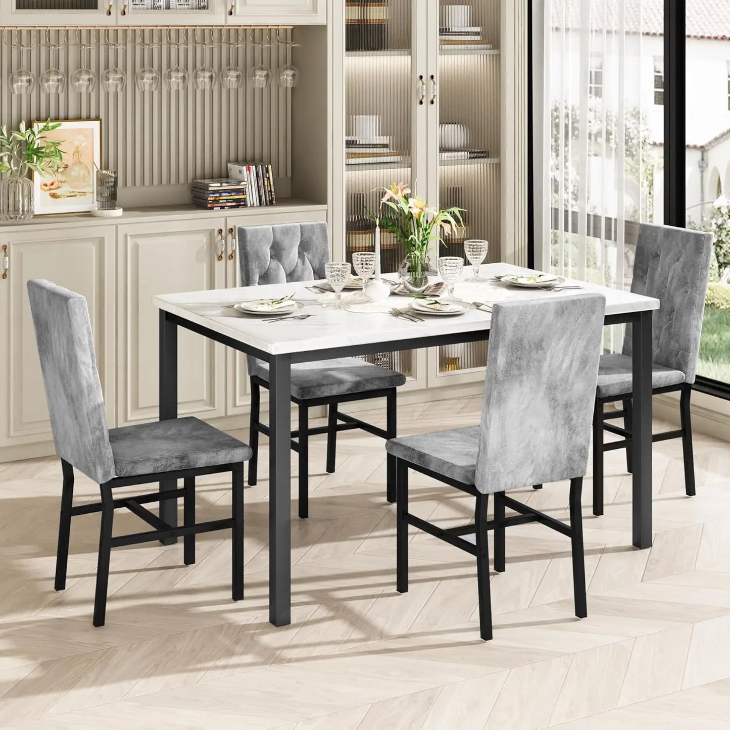 Dining Table Set for 4, Faux Marble Top