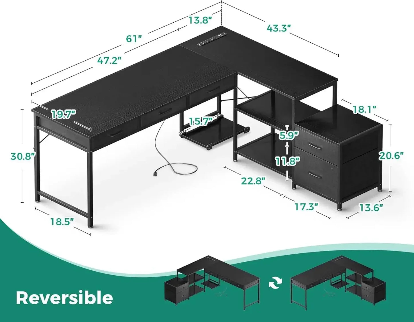 61" Reversible L Shaped Computer Desk