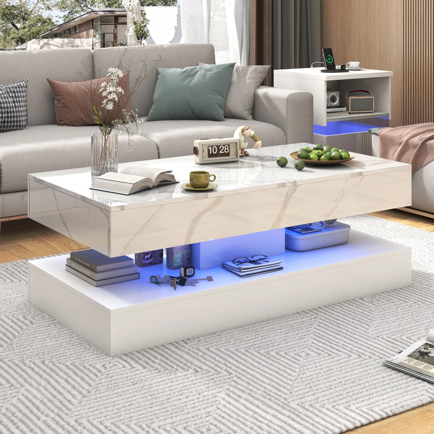 Coffee Table with LED lights and 2 Storage Drawers