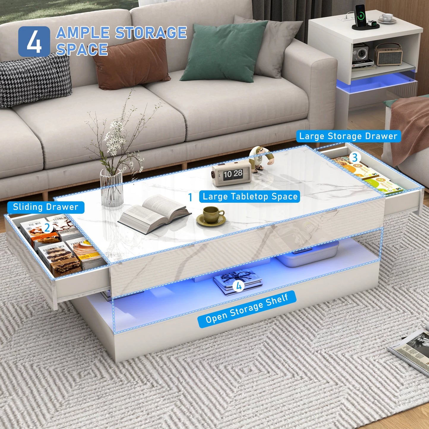 Coffee Table with LED lights and 2 Storage Drawers