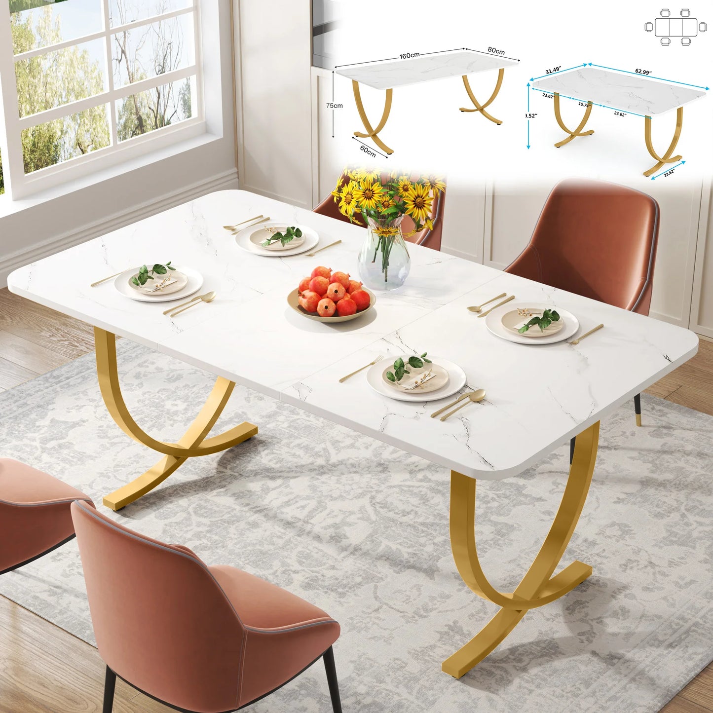 63-Inch Rectangular Dining Table with Faux Marble Table Top