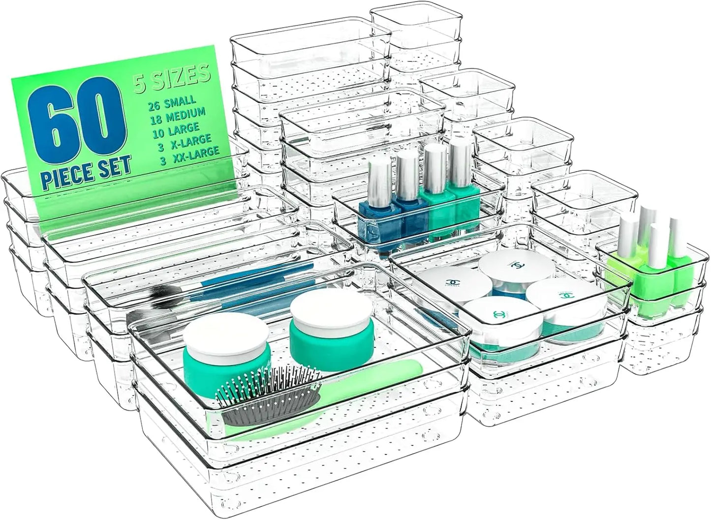 Clear plastic, 5 size drawer organizer trays