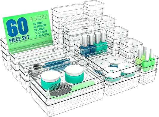 Clear plastic, 5 size drawer organizer trays