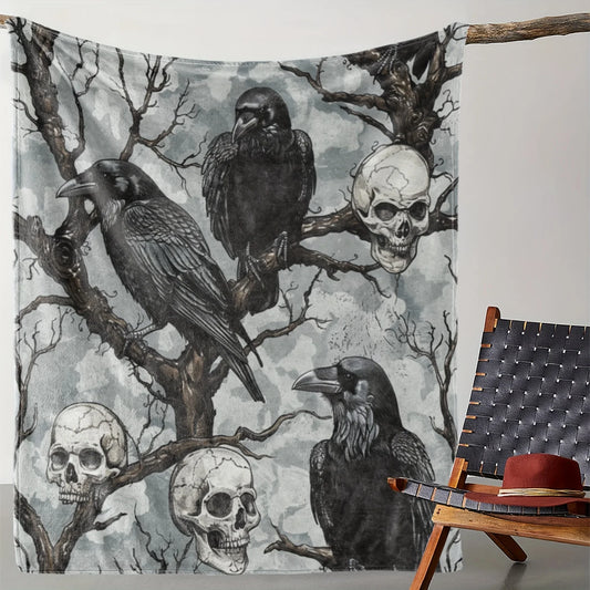 Halloween Skull & Black Crow Flannel Throw Blanket