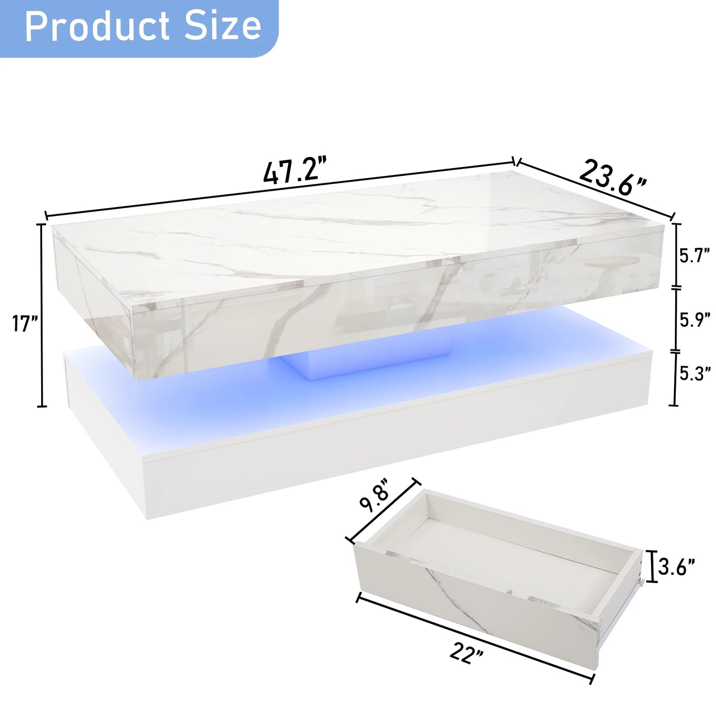 Coffee Table with LED lights and 2 Storage Drawers