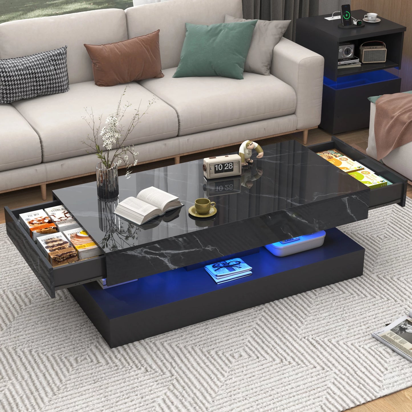 Coffee Table with LED lights and 2 Storage Drawers