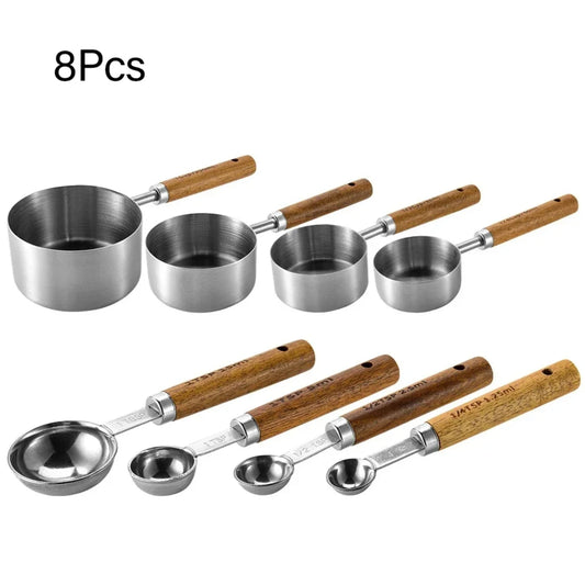 8Pcs Measuring Cup Spoon Set Wooden Handle