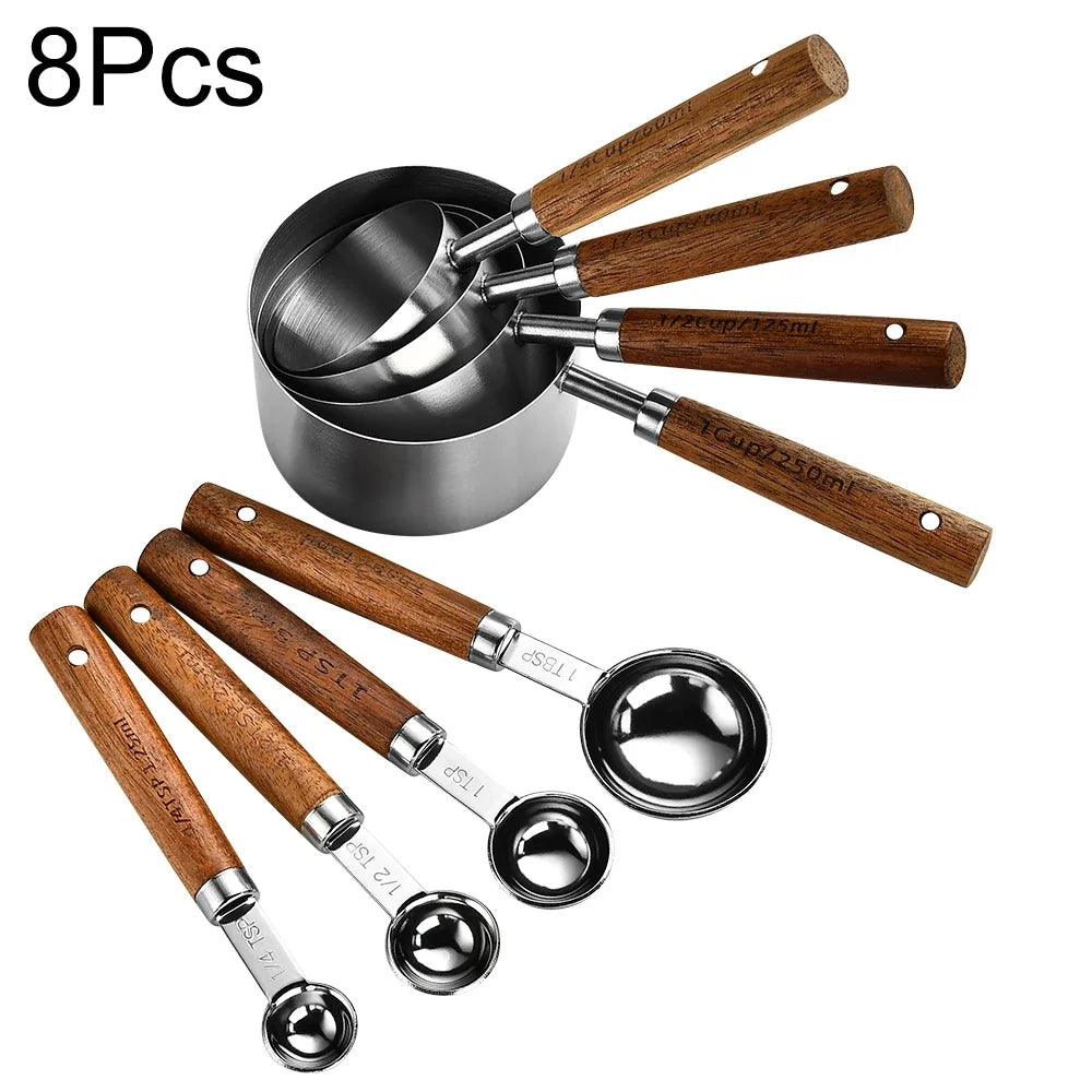 Wooden Handle Measuring Cups, Spoons Set