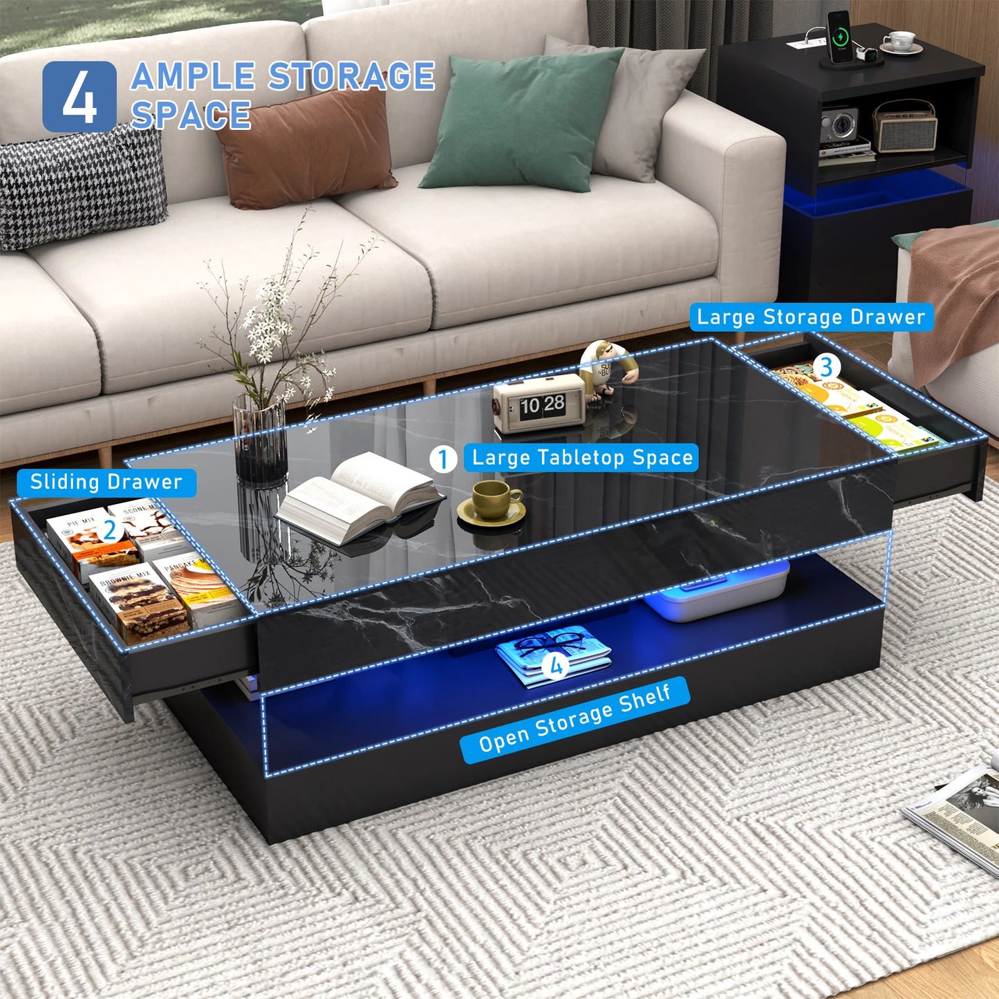 Coffee Table with LED lights and 2 Storage Drawers