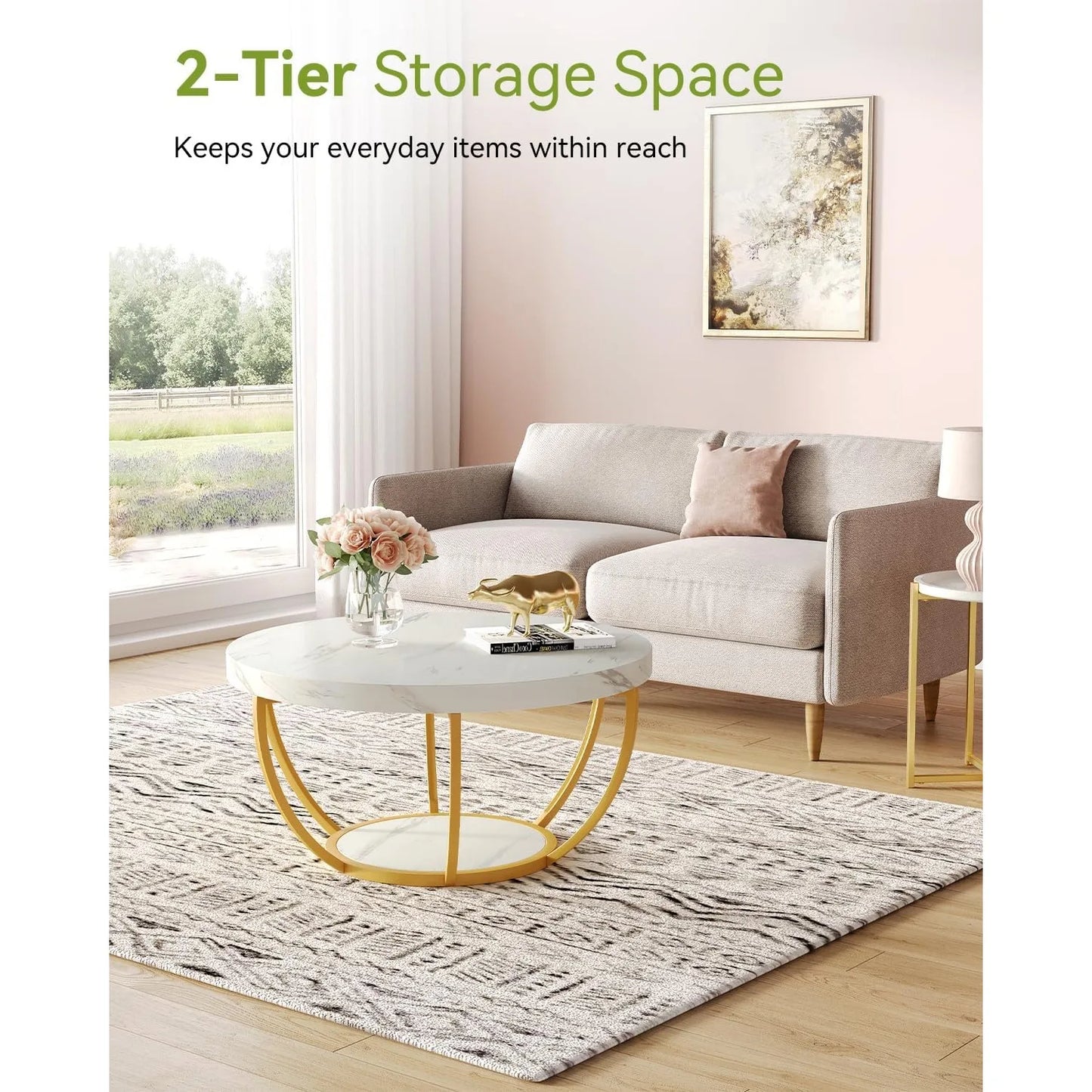 32" Circle Marble Coffee Table 2-Tier Metal Legs