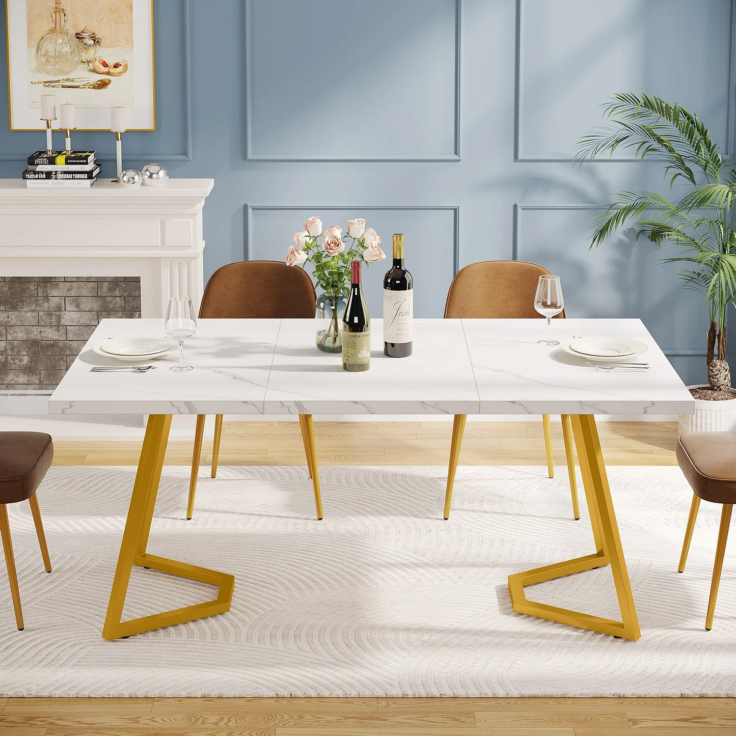 63-Inch Rectangular Dining Table with Faux Marble Table Top