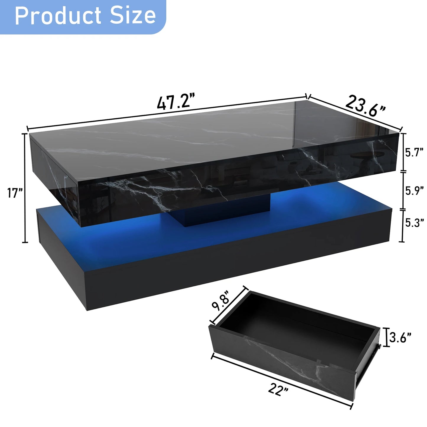 Coffee Table with LED lights and 2 Storage Drawers