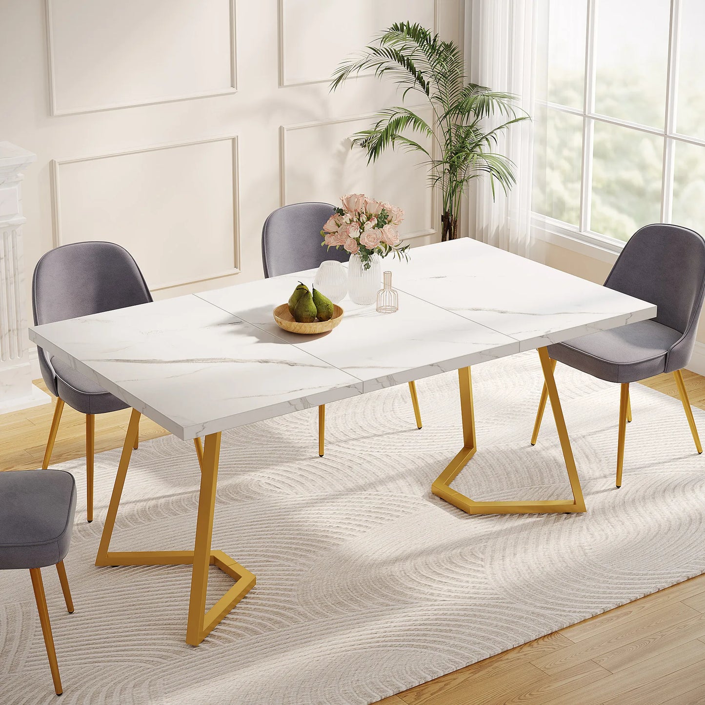 63-Inch Rectangular Dining Table with Faux Marble Table Top