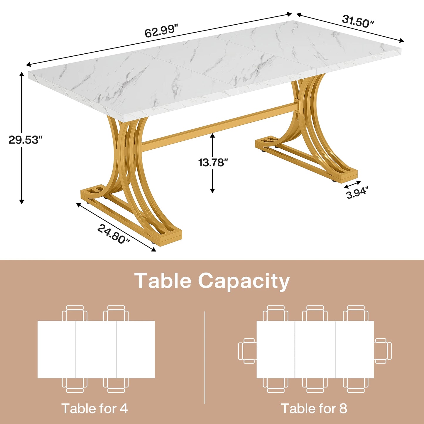 63-Inch Rectangular Dining Table with Faux Marble Table Top