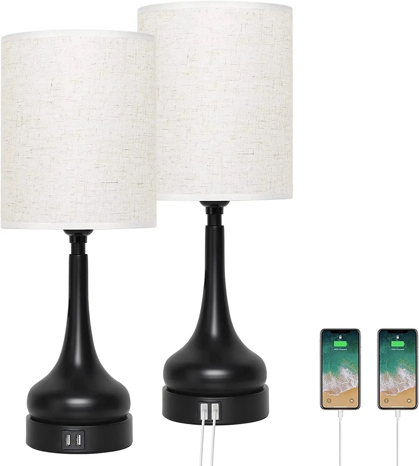 Set of 2 Table Lamps Touch Control with USB Charging Ports