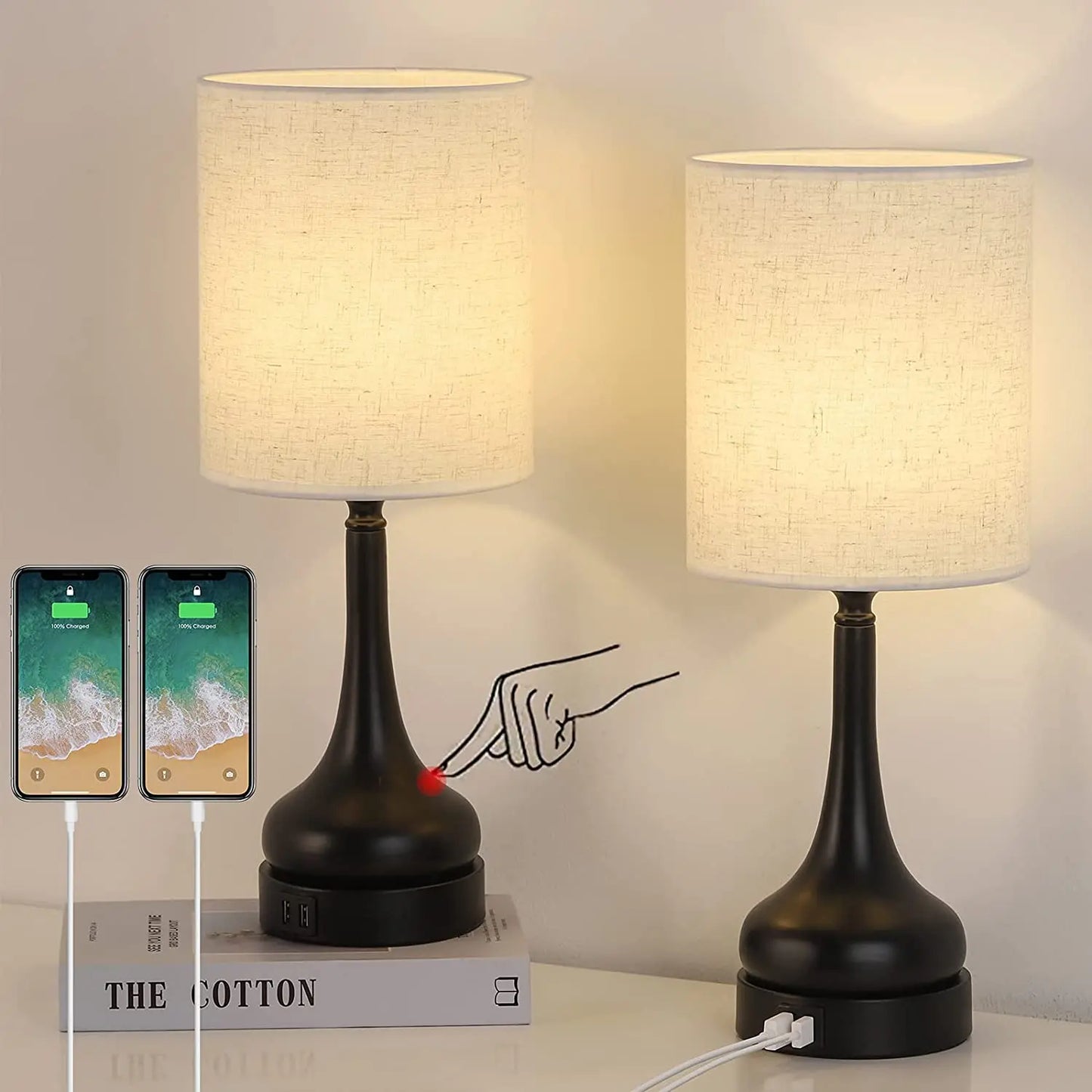 Set of 2 Table Lamps Touch Control with USB Charging Ports