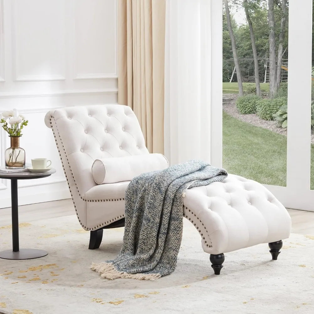Button-Tufted Chaise Lounge  with Solid Wood Legs