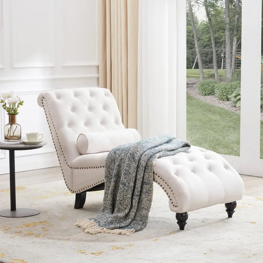 Button-Tufted Chaise Lounge  with Solid Wood Legs