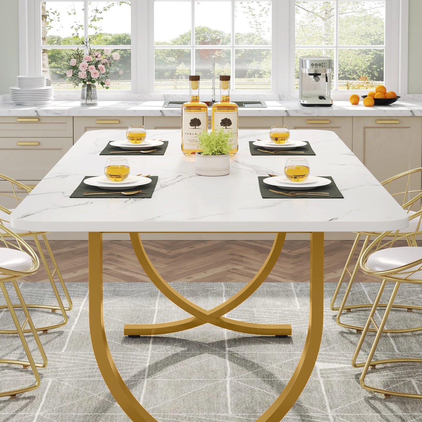 63-Inch Rectangular Dining Table with Faux Marble Table Top