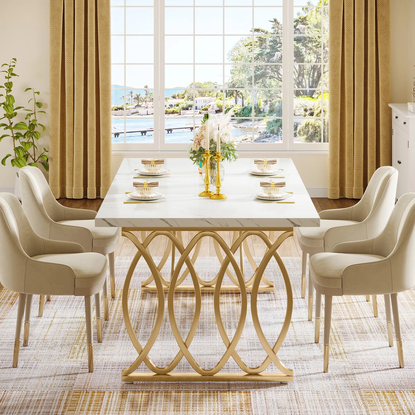 63-Inch Rectangular Dining Table with Faux Marble Table Top